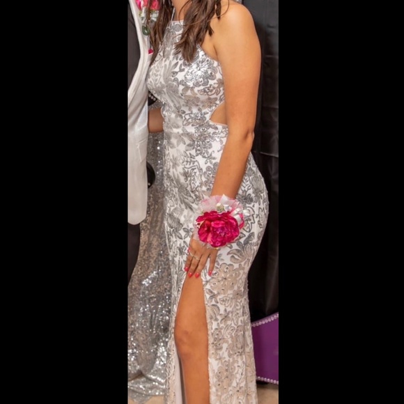 Silver Size 0 Side Slit Formal Dress by Betsy and Adam - Picture 3 of 3